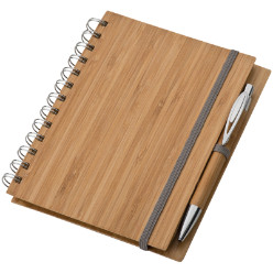 Trendy and eco-friendly note pad with a real bamboo hard cover. 70 lined pages made of unbleached recycled paper and includes a bamboo pen
