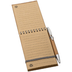 Trendy and eco-friendly pocket book with a real bamboo hard cover. 70 lined pages made of unbleached recycled paper and includes a bamboo pen