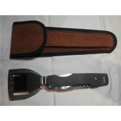 A versatile bar-b-que tool that doubles as an egg-lifter, marinade brush, fork, pocket knife and braai tong. Comes standard in a suede bag. Genuine leather bag option available (logo engraving and name can be done on the leather bag).