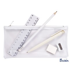 Frosty PVC zippered pencil bag with pen, pencil, eraser, sharpener & 15cm ruler. Custom multi-colour combinations available.