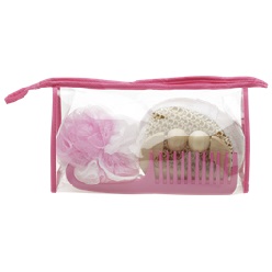 Clear PVC Toiletry Bag with pink seams and zipper, includes Bath Set consisting of pink comb, pink and white luffa, exfoliating sponge and wooden massager