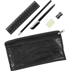 Stationary set includes 15cm ruler, pen, pencil, shrpener, eraser in a non-woven & transparent PVC window pencil bag with zip closure on top