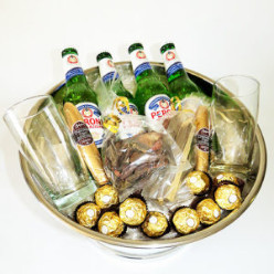 1x Ice Bucket, 4x 340ml Beer – Paroni, 2x Glasses Beer, 10x 1's Ferrero Rocher Chocolates, 2x Kees Beyers Chocolate Cigars, 1x 100g Biltong Sliced, 1x 100g Biltong Dry Wors