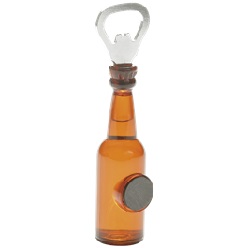 Bottle Opener with translucent acrylic Beer bottle Shaped body with liquid inside and magnet at the back