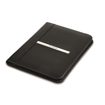 bonded leather, includes metal branding plate, pocket, business card holder, pen loop, zippered pocket, writing pad included, zippered closure, business card / ID holder