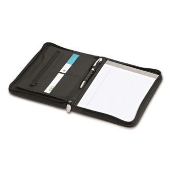 bonded leather, includes metal branding plate, pocket, business card holder, pen loop, zippered pocket, writing pad included, zippered closure