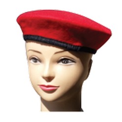 It's a red color head wear, it's part of a uniform wear for children, church groups and for all armed forces around the world, the beret is red in color but can be found in colors like yellow, black royal etc, and sometimes has a rope attached to it. It is made with cotton and has a soft comfortable head feel. It comes in an embroidery and in a minimum quantity of 50.