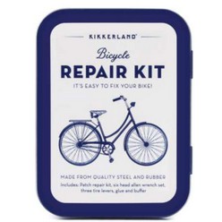 Toss this handsome tin in your backpack whenever you head out on your bike and you'll be prepared for anything. Includes: 6 headed allen set, patch repair kit, two metal tire levelers, glue, buffer, and bone tool.