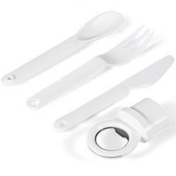 Combo: Fork, Knife, Spoon, Bottle opener in casing, ABS and iron, EU REACH compliant