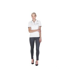160 g /m² / 100% BIZ COOLTM polyester, Flat knit rib collar with tipping, Self-fabric neck tape, Three button placket with contrast piping at placket edge, Tone-on-tone buttons, Side slits, Contrast self-fabric trim on sleeve hem, Textured mini self-check patterned fabric