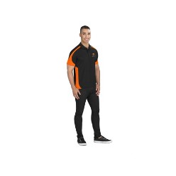 145 g/m² / 100% BIZ COOLTM polyester sports, Mesh / rib knit collar, Self-fabric neck tape, Three button, Placket / tone-on-tone buttons, Contrast shoulder panels, Contrast side panels, Loose pocket included