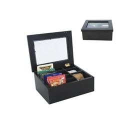 Black wood refreshment caddy with 7 compartments to hold tea bags ad refreshment sachets
