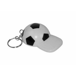 Black and white bottle opener, football cap keyring in white box