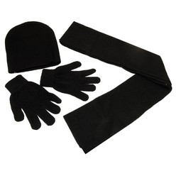 Black knitted hat, gloves, and scarf set for adults