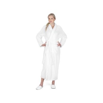 Soft n Fluffy, snow-white ladies fleece gown. Can be embroidered for that personal touch. One size fits all. Includes non-woven drawstring gift pouch. Only available in white. Great branding area on the pouch.