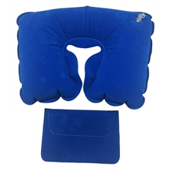 Blue inflatable neck pillow with pouch