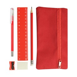 600D Material pencil bag with a blue ink pen, pencil, eraser, sharpener and 15 cm ruler