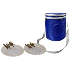 Blue with silver trim 2 person picnic cooler bag with insulated compartment and shoulder strap includes: 2plates, 2stainless steel spoons, 2 knives and 2 forks (23x23x29cm)
