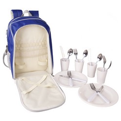 Blue with silver trim 4 person picnic backpack with insulated compartment includes 4 plates, 4 glasses, 4 stainless steel spoons, 4 forks and knives