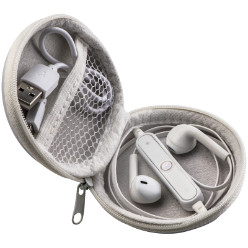 Bluetooth earphone with adjustable volume, USB charger and zip-around pouch.