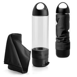 A 500ml Wireless speaker bottle with a 55% polyester fiber towel. The bottle has a rechargable Li-ion 300mAh battery and micro USB included. Output data 3W