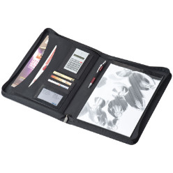 Bonded leather A4 folder includes several storage compartments. calculator and a lined pad with 30 pages. zip around closure