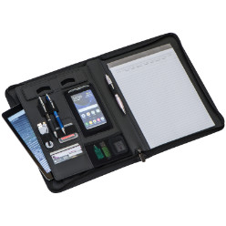B/L A4 Z/A Folder with phone holder + stand. notepad and various storage compartments. Presented in a protective non-woven sleeve