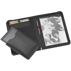 Bonded leather A4 zip around with a detachable tablet cover and several storage compartments. Features a laser plaque for engraving