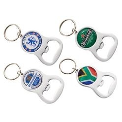 Aluminium bottle opener keyholder with a special recess for a full-colour dome sticker.