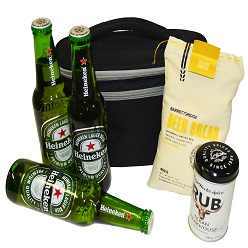 Braai hamper includes beer bread mix, 3 x bottles beer, cooler bag, spice rub packed in a wooden box