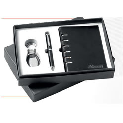 Leather & Chrome key ring, twist action ballpen in black, PU A6 notebook, Gift boxes