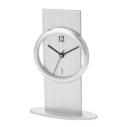 Rectangular Brushed Aluminium Desk Clock with floating dial design, on a oval base, round frame around dials
