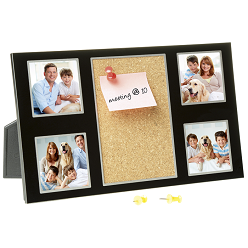 Brushed Aluminium Memo Pin Board and Photo Frame, Cork Pin Board, Holds 4 5cm x 5cm photos, Push pins, Plastic Easel Back