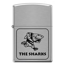 Zippo lighter in chrome with the Sharks rugby logo