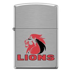 Brushed chrome zippo lighter with the Lions rugby logo