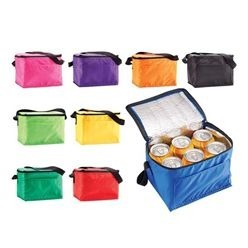 210 D material cooler bag with inner foil lining. The Buddy bag serves as a 6-can cooler, a lunch bag,  a hamper bag, and more. The handy front pocket offers easy, bold branding opportunities