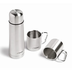 Flask: stainless steel outer & liner, 0.5L, 2 x Mugs: stainless steel, carabiner handle, 0.22L, Presentation box