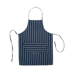 Polycotton, yarn-dyed. Features Include: Blue butcher stripe with bib and patch pocket, one size fits most.