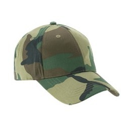 Cotton twill Camo Cap with 6 panel structure, pre-curved peak, embroidered eyelets, 4rows stitched sweatband, self fabric velcro strap