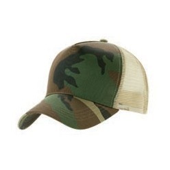 Cotton Twill Camo Trucker Cap with 5 panel structure, pre-curved peak, 4 row stitched sweatband, plastic tab closure