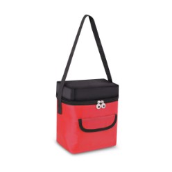 Features include: 9 can cooler bag, Aluminium foil lining, Front pocket with flap, Black woven tape binding on front, pocket, Eye detail on zip pullers, Webbing handles, 210D