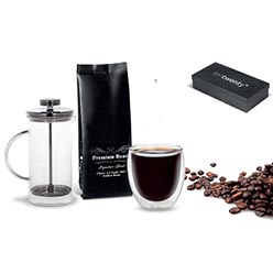 Borosilicate glass & stainless steel plunger, borosilicate glass double wall coffee mug, 100g Premium Roast Coffee Beans, presentation box