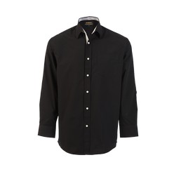 Cambridge lounge shirt: Fashionable lounge shirt that boasts a trendy contrast insert on the button stand. Cuffs and collar. The garment offers a raised collar design with inner bone support, double button cuffs with cufflink buttonholes and a contructed button stand. Features 65/35 poly cotton fabric, double neck youke, double rolled hem