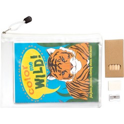 A5 activity book, 6 coloured pencils, sharpener and eraser in a PVC zippered bag