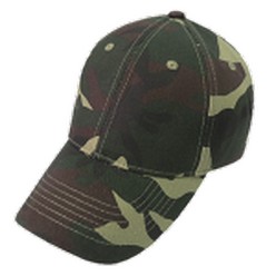 Camo cap, cotton twill fabric, 4 needle stitch twill sweatband, self fabric velcro strap