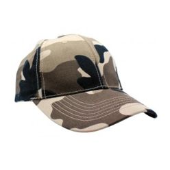 Camo Hunter: Camo printed cotton twill, weight: 108x58, grams 185g/m2, sewn self-colour eyelets, pre-curved peak, velcro back