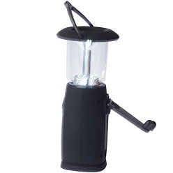 Camping lamp with 6 LED lights, easy carry handle, solar panel, power button, black plastic base and dynamo crank