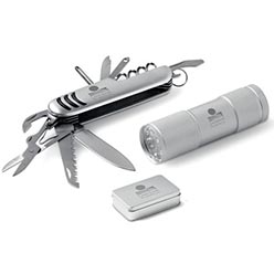 Stainless steel pocket knife: 9 (l) x 2.2 (w), 9 functions, aluminium torch, white LED light, aluminium presentation tin, 3 x AAA batteries (not included)