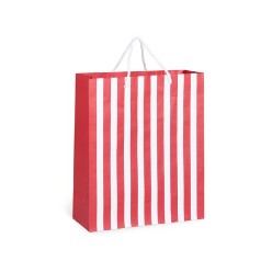 White craft paper without coating, White handles, Here?s a large sized gift bag that looks exceptionally cute. Featuring a red and white striped pattern, these paper bags are not only attractive, but also extremely durable and sturdy. The reasonably priced bags will make any gift look elegant and will certainly come handy during your next promotional event.