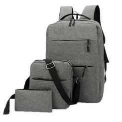 3pc Canvas laptop backpack with 3 zippered compartments, with crossbody bag and small pouch.